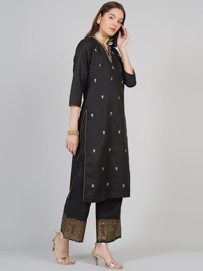 Women's Black And Beige Printed Kurta With Palazzos