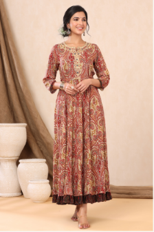 Women's Beige Rayon Printed Flared Dress with Belt