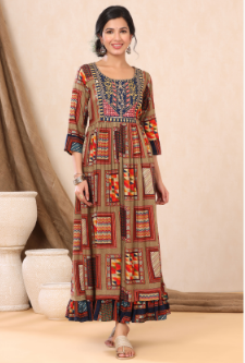 Women's Beige Rayon Printed Flared Dress