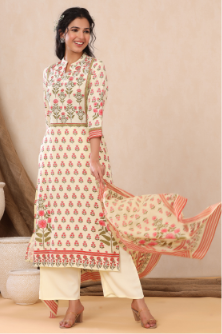 Women's Ivory Rayon Printed Straight Kurta Palazzo Dupatta Set