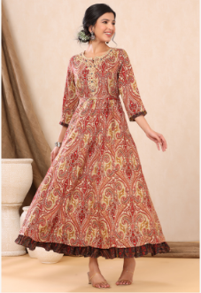 Women's Beige Rayon Printed Flared Dress with Belt