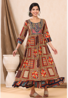 Women's Beige Rayon Printed Flared Dress