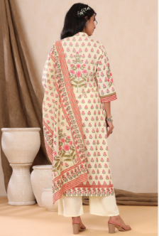 Women's Ivory Rayon Printed Straight Kurta Palazzo Dupatta Set