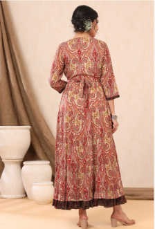 Women's Beige Rayon Printed Flared Dress with Belt