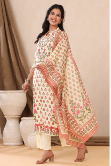 Women's Ivory Rayon Printed Straight Kurta Palazzo Dupatta Set