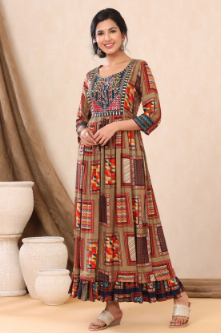 Women's Beige Rayon Printed Flared Dress