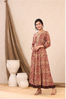 Women's Beige Rayon Printed Flared Dress with Belt