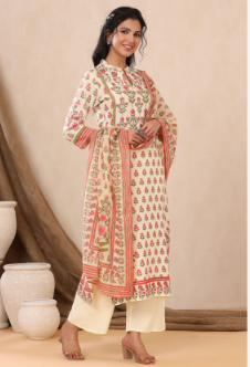 Women's Ivory Rayon Printed Straight Kurta Palazzo Dupatta Set