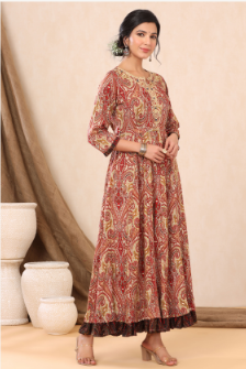 Women's Beige Rayon Printed Flared Dress with Belt
