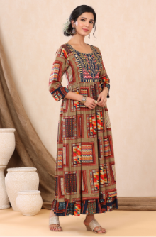 Women's Beige Rayon Printed Flared Dress
