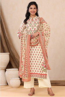 Women's Ivory Rayon Printed Straight Kurta Palazzo Dupatta Set