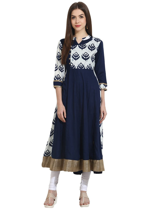 Women's Navy Blue With Printed Yoke 3/4Th Sleeve Cotton Anarkali