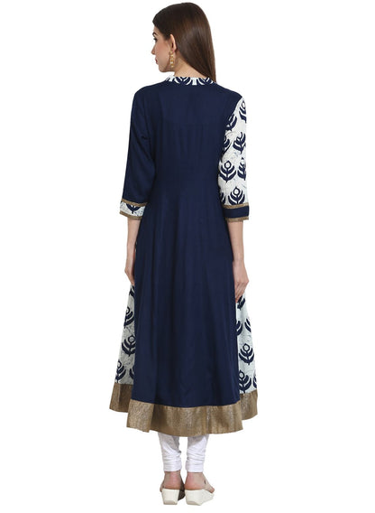 Women's Navy Blue With Printed Yoke 3/4Th Sleeve Cotton Anarkali