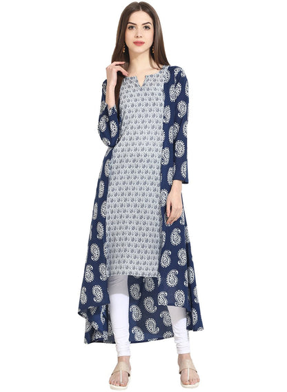 Women's Blue Indigo Theme Printed 3/4Th Sleeve Assymetrical Rayon Kurta