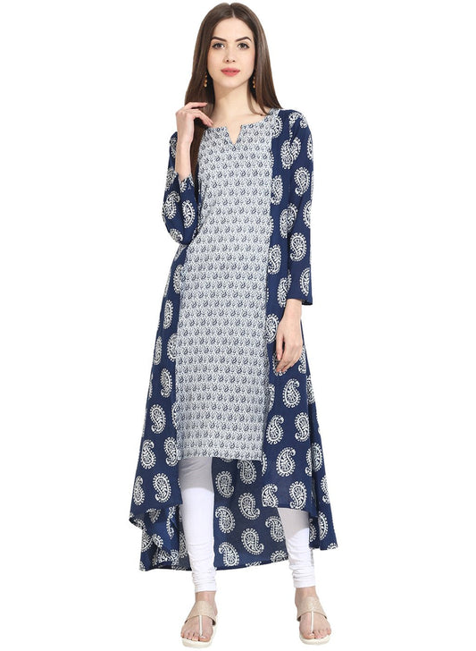 Women's Blue Indigo Theme Printed 3/4Th Sleeve Assymetrical Rayon Kurta