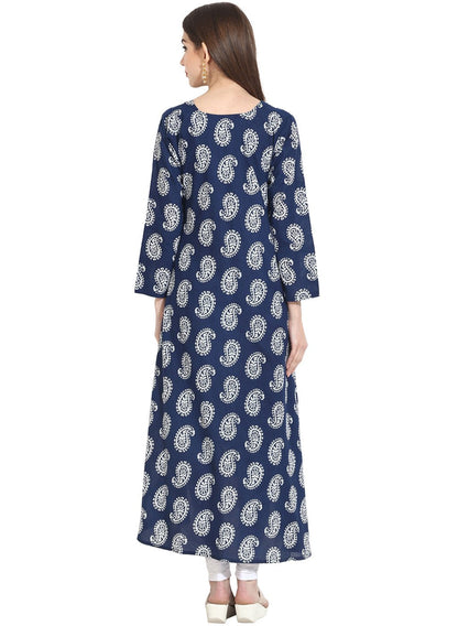Women's Blue Indigo Theme Printed 3/4Th Sleeve Assymetrical Rayon Kurta