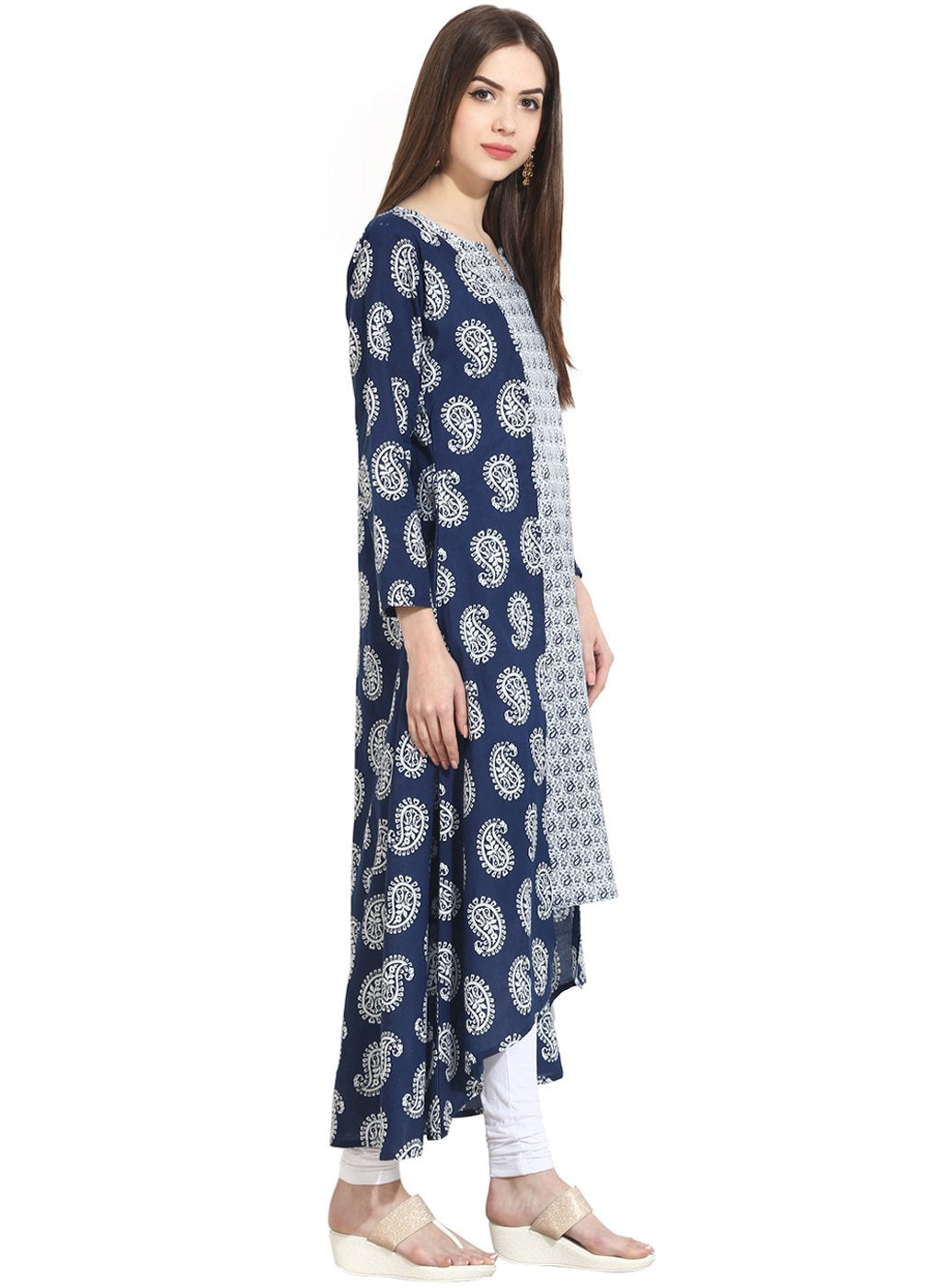 Women's Blue Indigo Theme Printed 3/4Th Sleeve Assymetrical Rayon Kurta