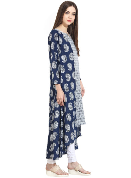 Women's Blue Indigo Theme Printed 3/4Th Sleeve Assymetrical Rayon Kurta