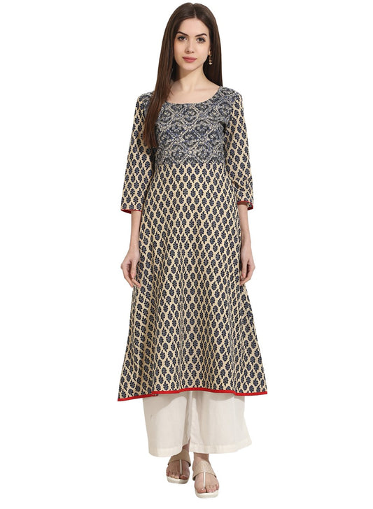 Women's Beige Color 3/4Th Sleeve Cotton A-Line Kurta