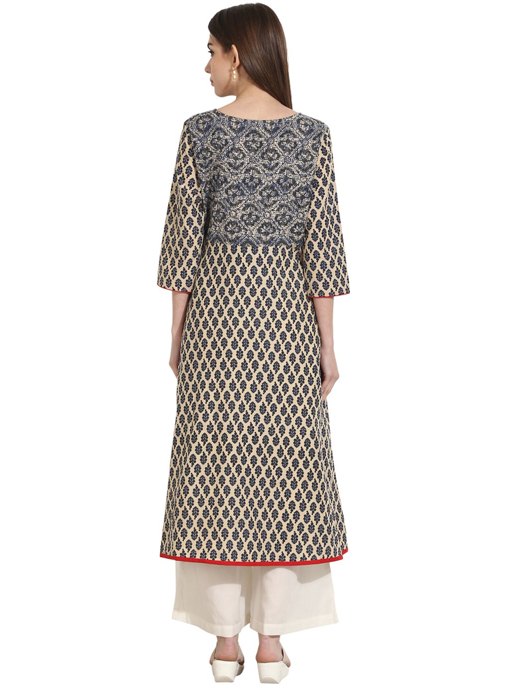 Women's Beige Color 3/4Th Sleeve Cotton A-Line Kurta