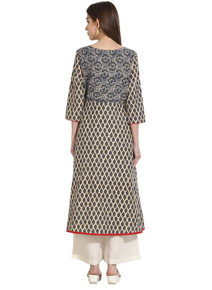 Women's Beige Color 3/4Th Sleeve Cotton A-Line Kurta