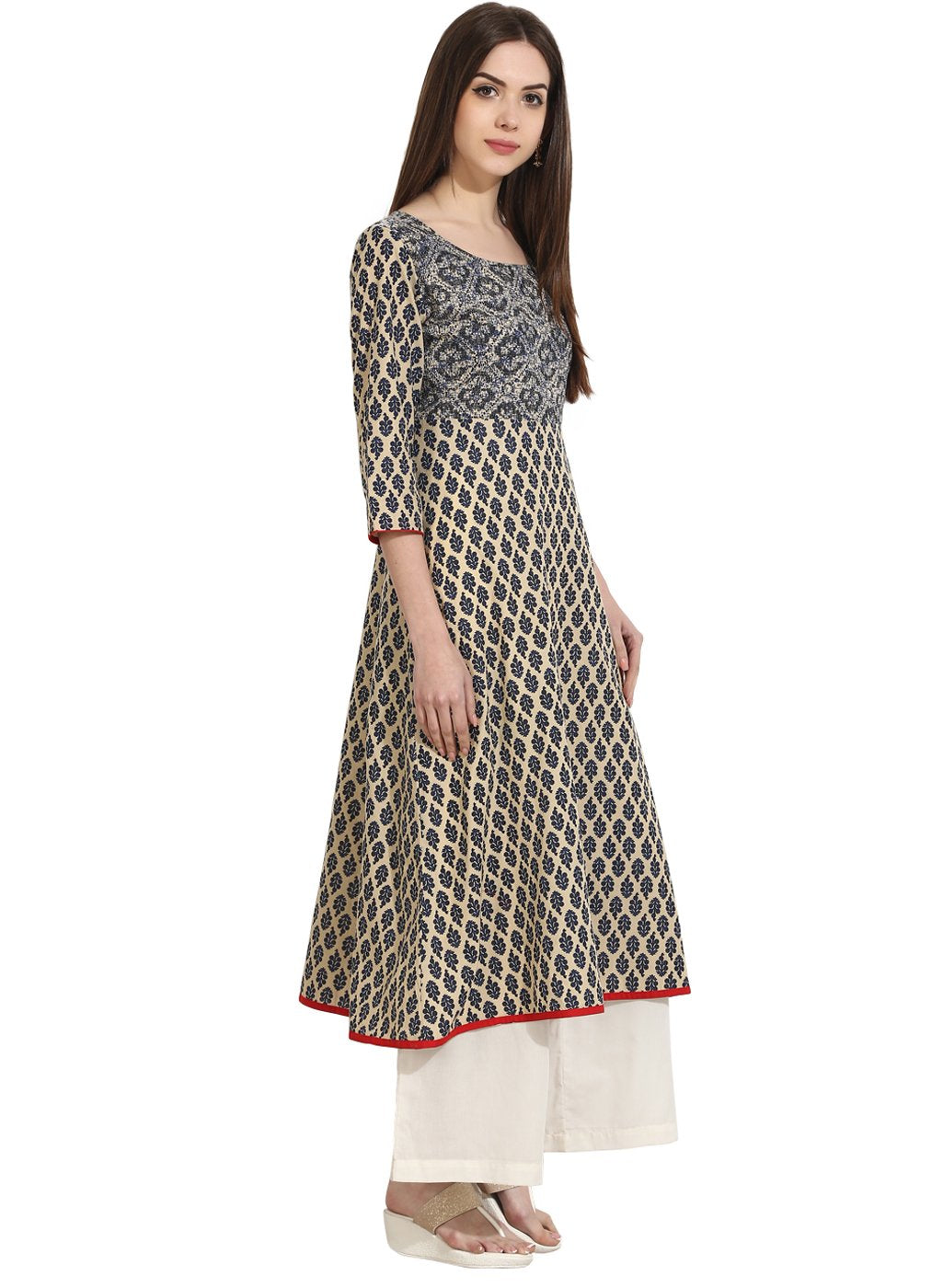 Women's Beige Color 3/4Th Sleeve Cotton A-Line Kurta