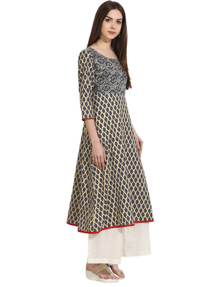 Women's Beige Color 3/4Th Sleeve Cotton A-Line Kurta