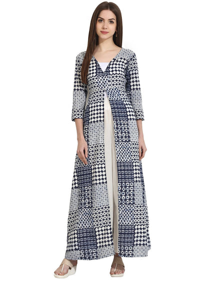 Women's Blue Printed 3/4Th Sleeve Floor Length Open Kurta