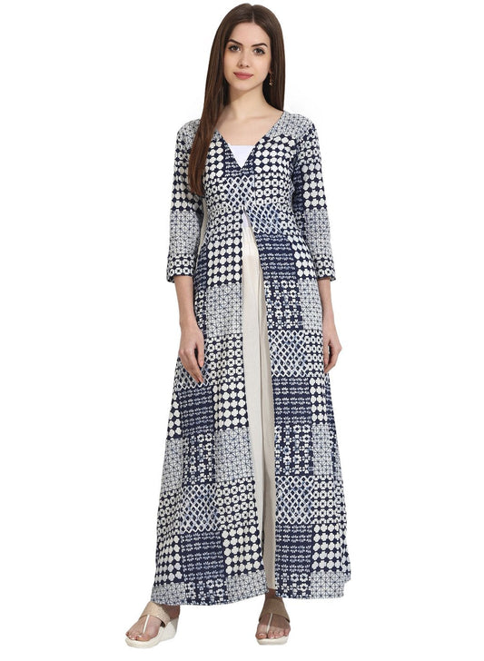 Women's Blue Printed 3/4Th Sleeve Floor Length Open Kurta