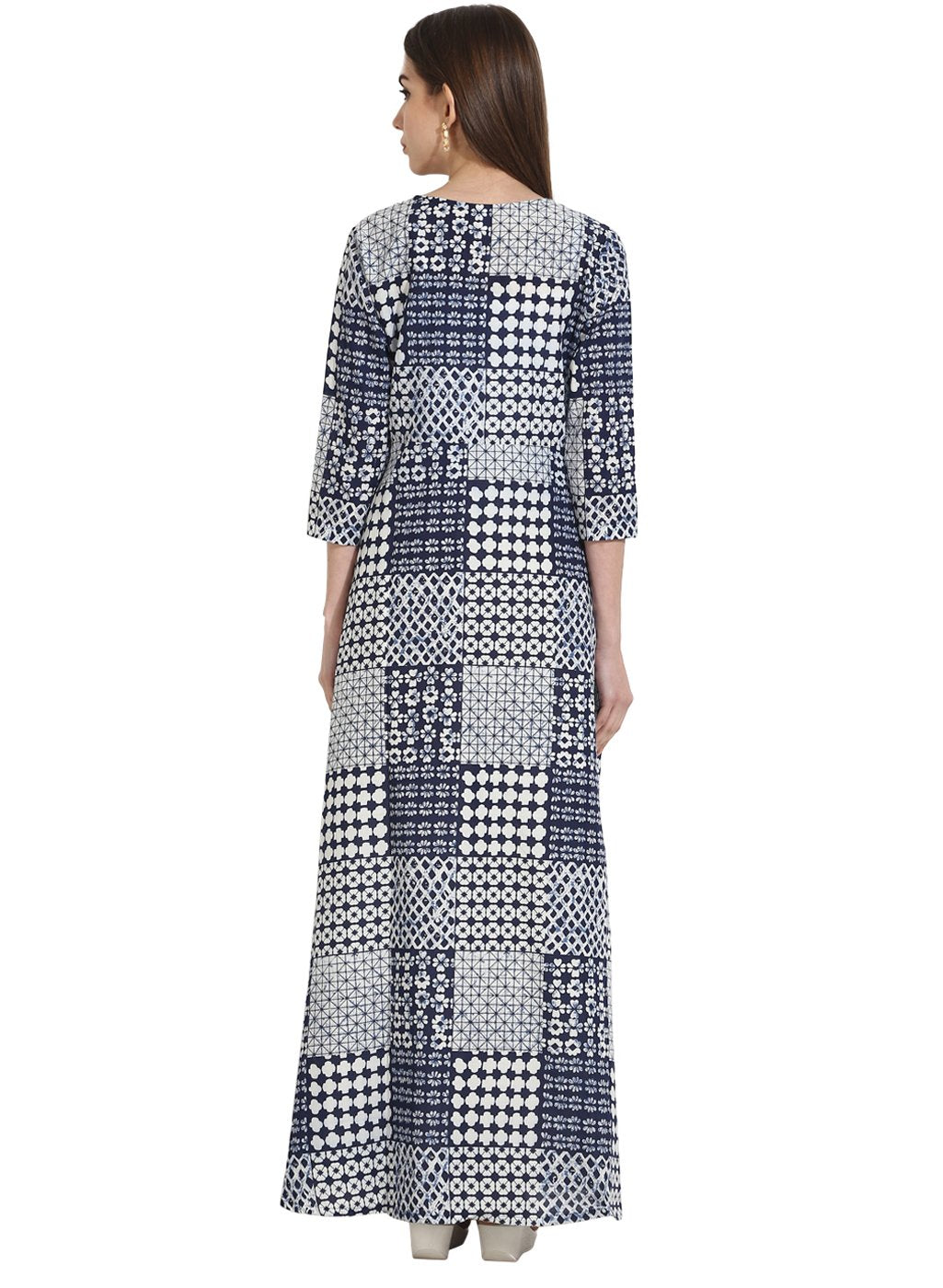 Women's Blue Printed 3/4Th Sleeve Floor Length Open Kurta