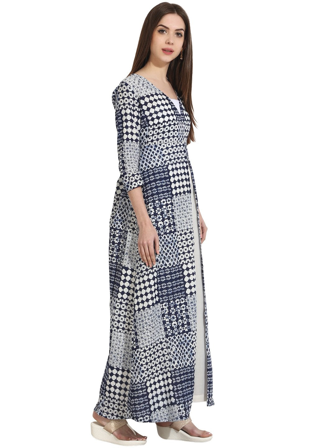 Women's Blue Printed 3/4Th Sleeve Floor Length Open Kurta