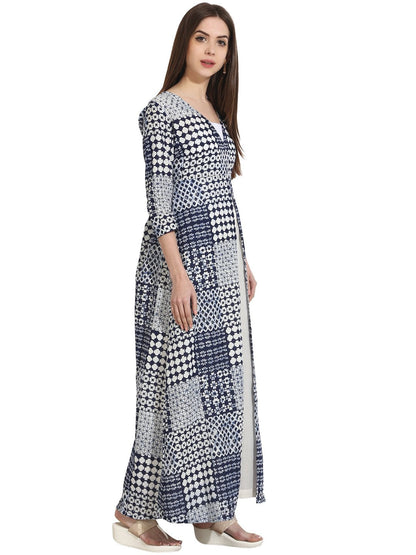 Women's Blue Printed 3/4Th Sleeve Floor Length Open Kurta
