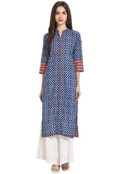 Women's Indigo Blue Printed 3/4Th Sleeve Cotton Kurta