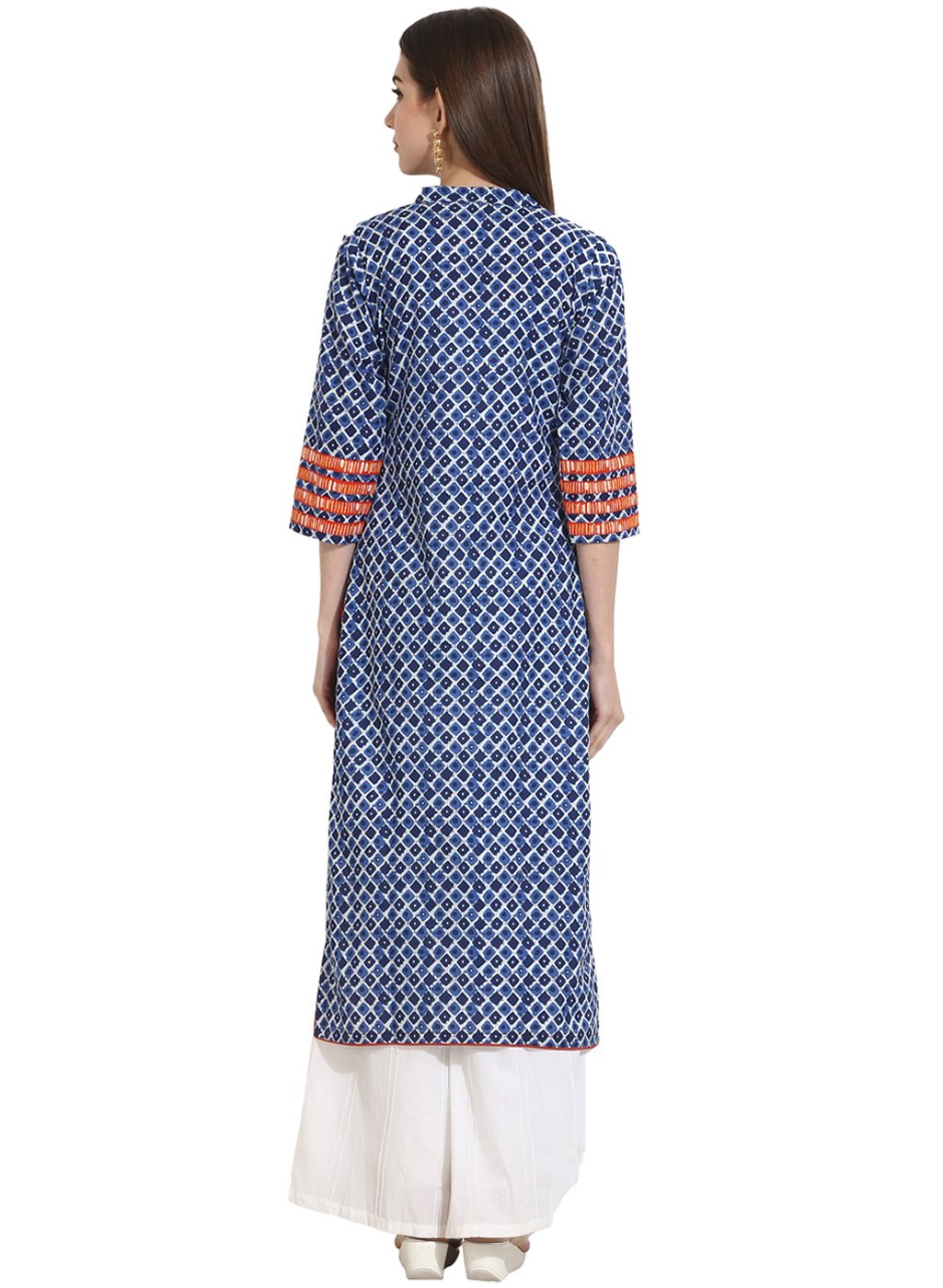 Women's Indigo Blue Printed 3/4Th Sleeve Cotton Kurta