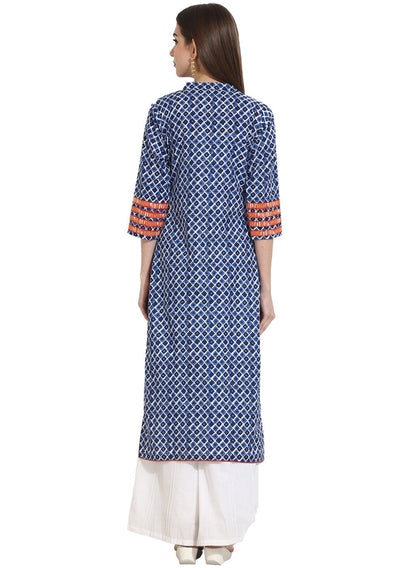 Women's Indigo Blue Printed 3/4Th Sleeve Cotton Kurta