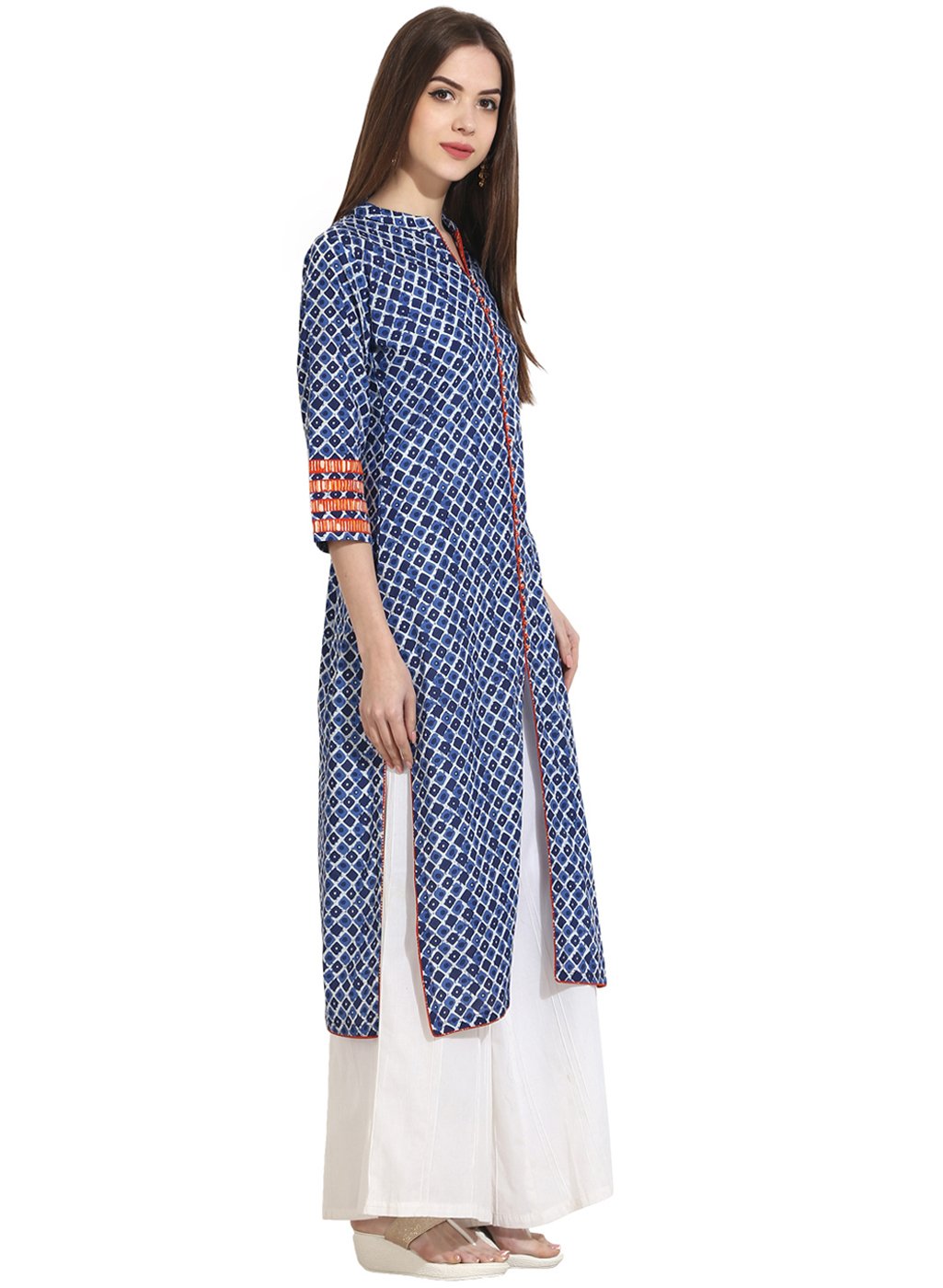 Women's Indigo Blue Printed 3/4Th Sleeve Cotton Kurta