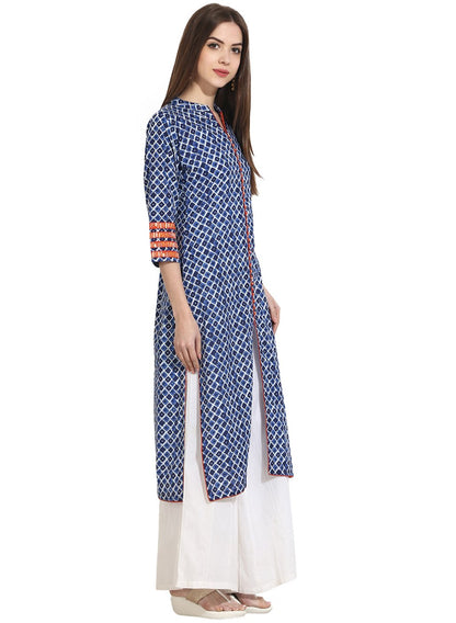 Women's Indigo Blue Printed 3/4Th Sleeve Cotton Kurta