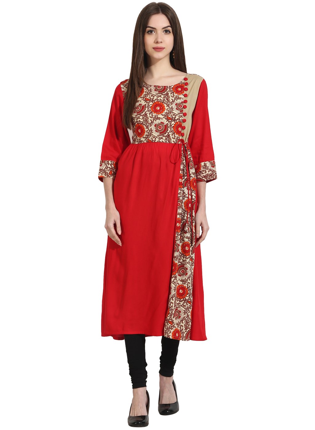 Women's Red 3/4Th Sleeve Yoke Printed Cotton Kurta