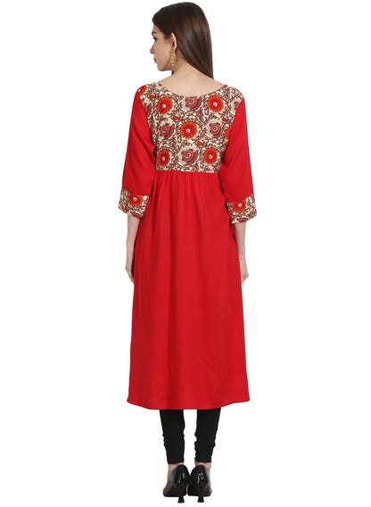 Women's Red 3/4Th Sleeve Yoke Printed Cotton Kurta