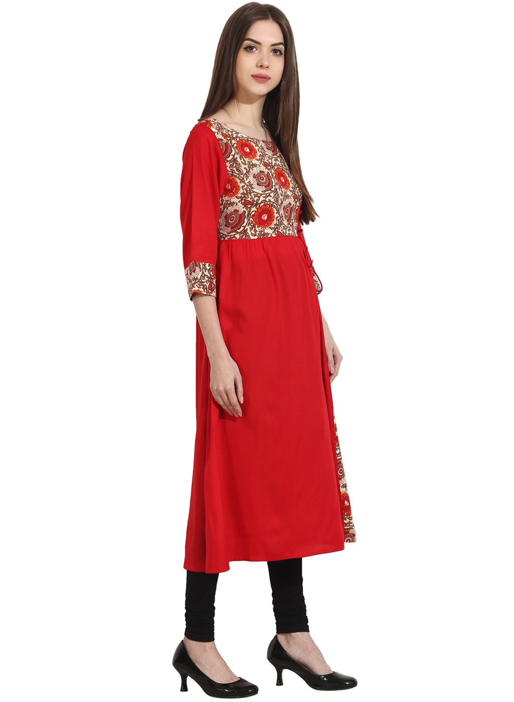 Women's Red 3/4Th Sleeve Yoke Printed Cotton Kurta