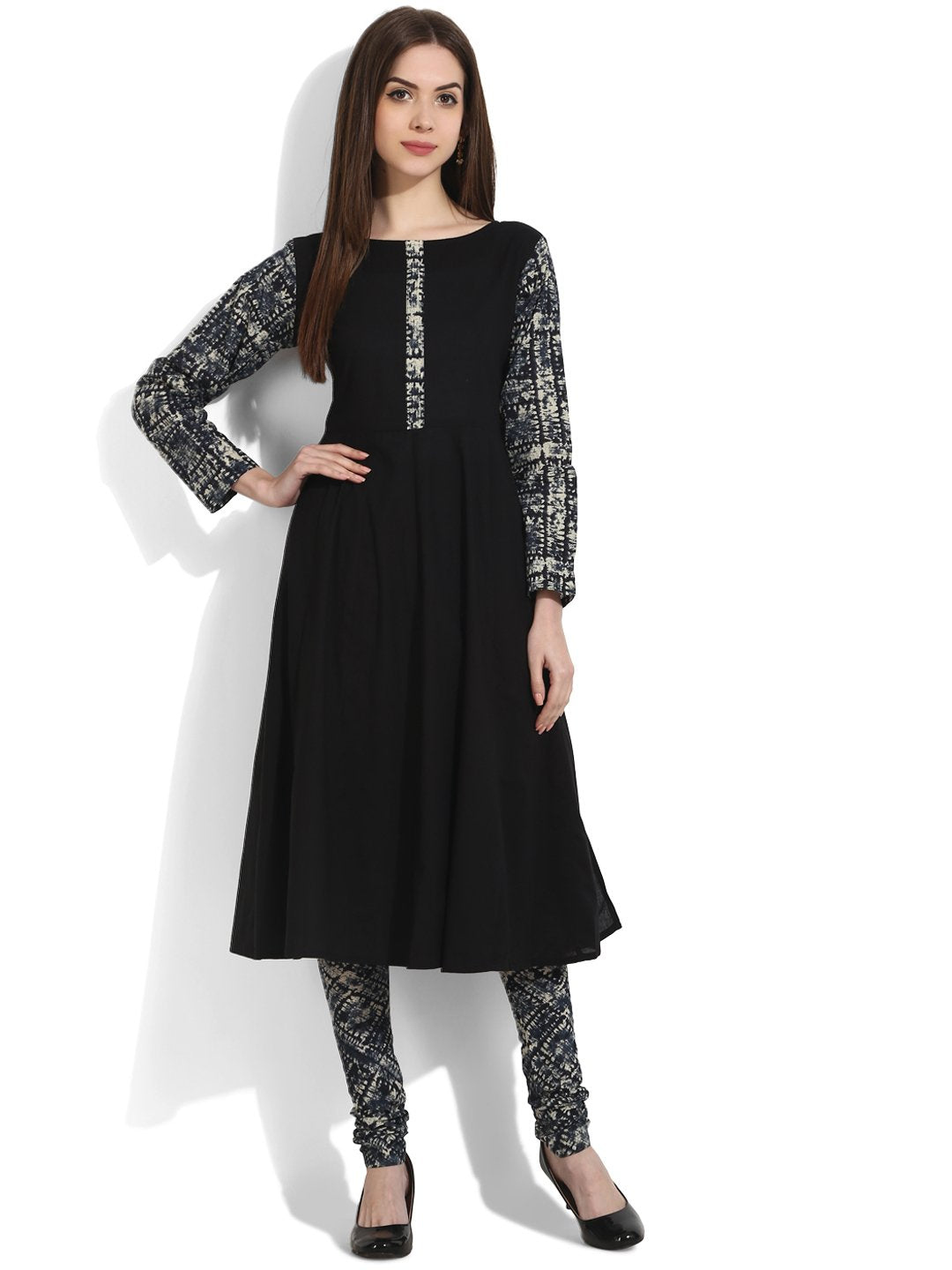 Women's Black 3/4Th Sleeve Cotton Kurta