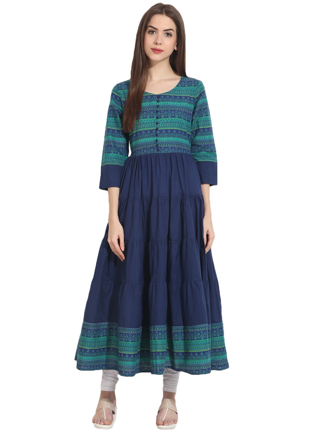 Women's Blue 3/4Th Sleeve Cotton Tiered Anarkali Kurta