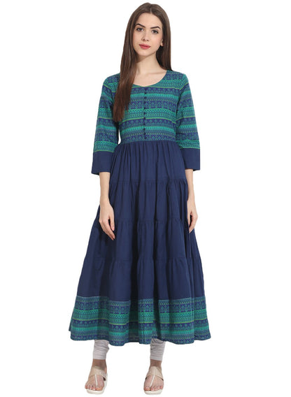 Women's Blue 3/4Th Sleeve Cotton Tiered Anarkali Kurta