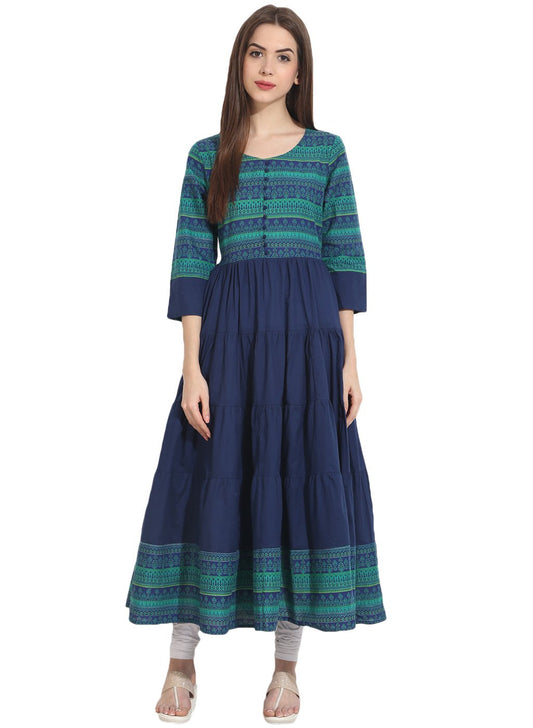 Women's Blue 3/4Th Sleeve Cotton Tiered Anarkali Kurta