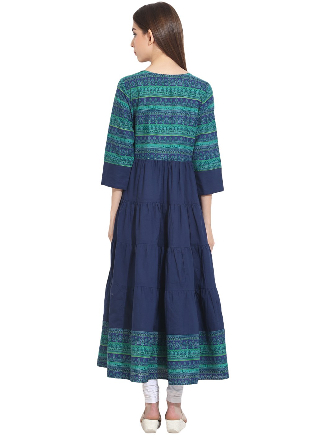 Women's Blue 3/4Th Sleeve Cotton Tiered Anarkali Kurta