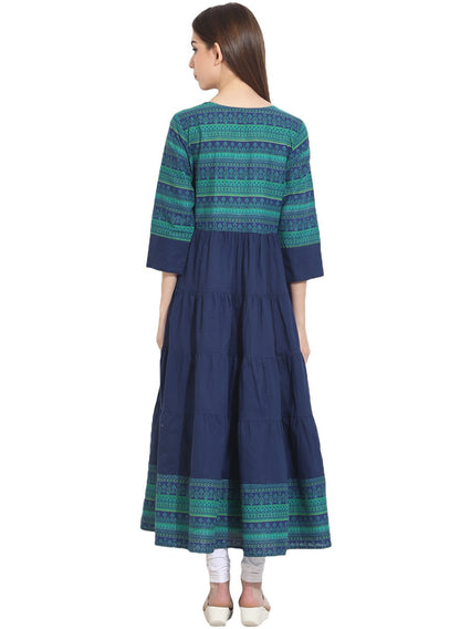 Women's Blue 3/4Th Sleeve Cotton Tiered Anarkali Kurta