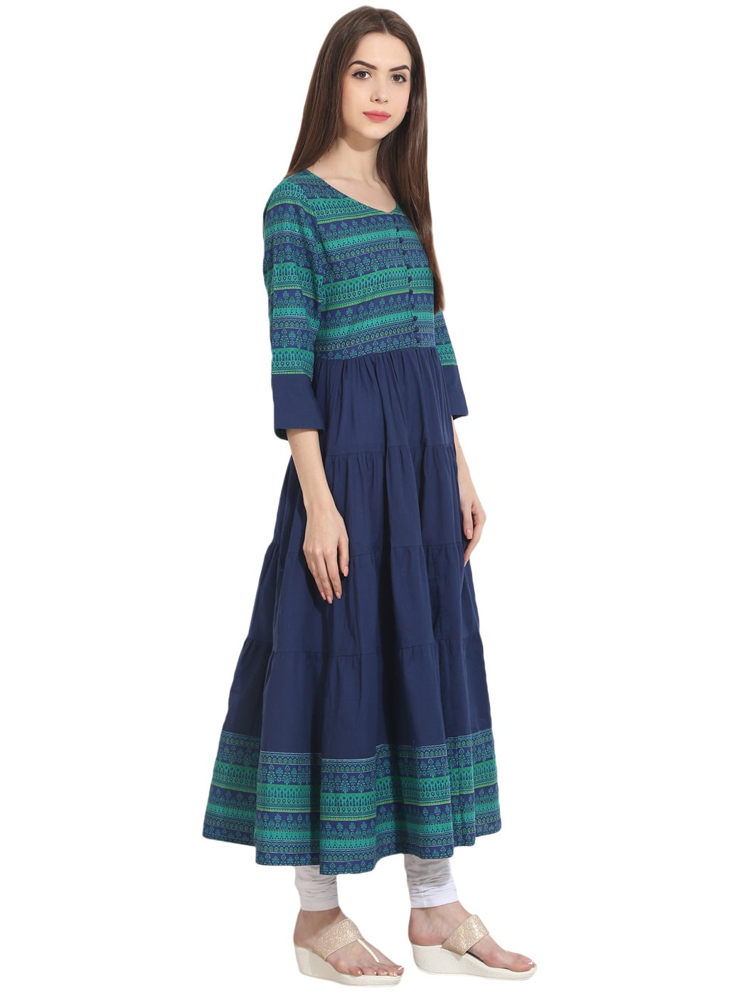 Women's Blue 3/4Th Sleeve Cotton Tiered Anarkali Kurta