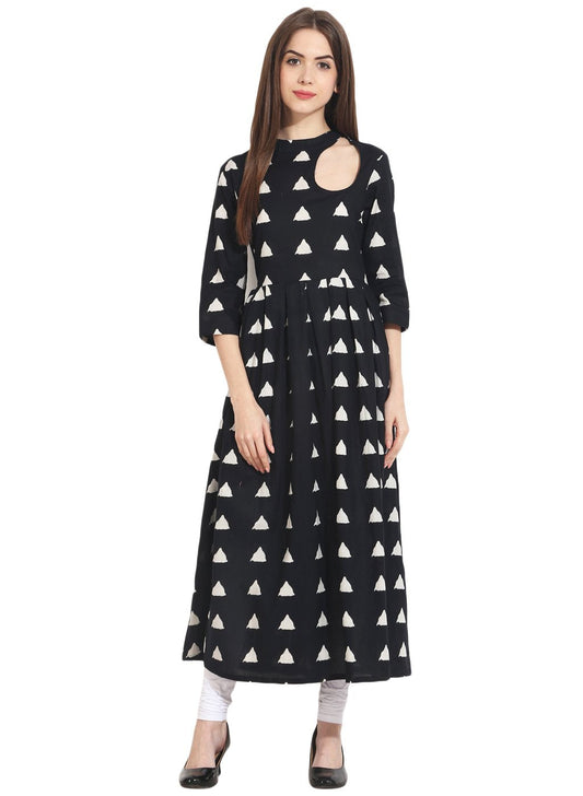 Women's Black Full Printed 3/4Th Sleeve Cotton Anarkali Kurta