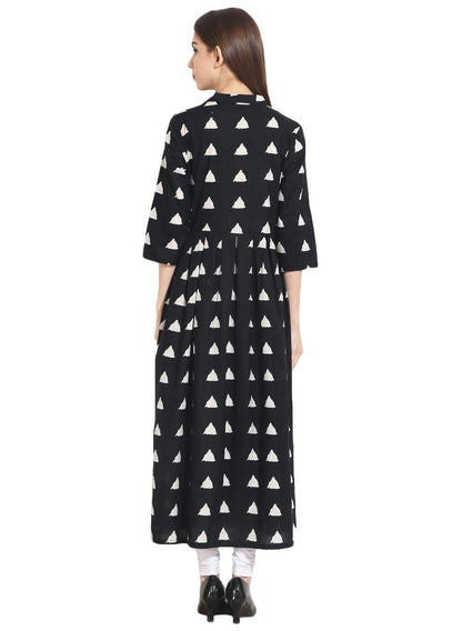 Women's Black Full Printed 3/4Th Sleeve Cotton Anarkali Kurta