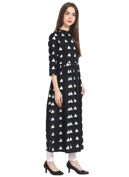 Women's Black Full Printed 3/4Th Sleeve Cotton Anarkali Kurta